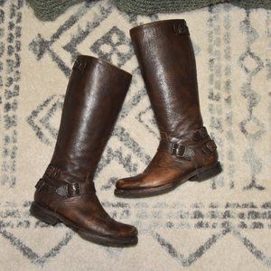 FRYE 8.5 Veronica Zip dark Maple brown GENUINE Leather tall boots riding rugged